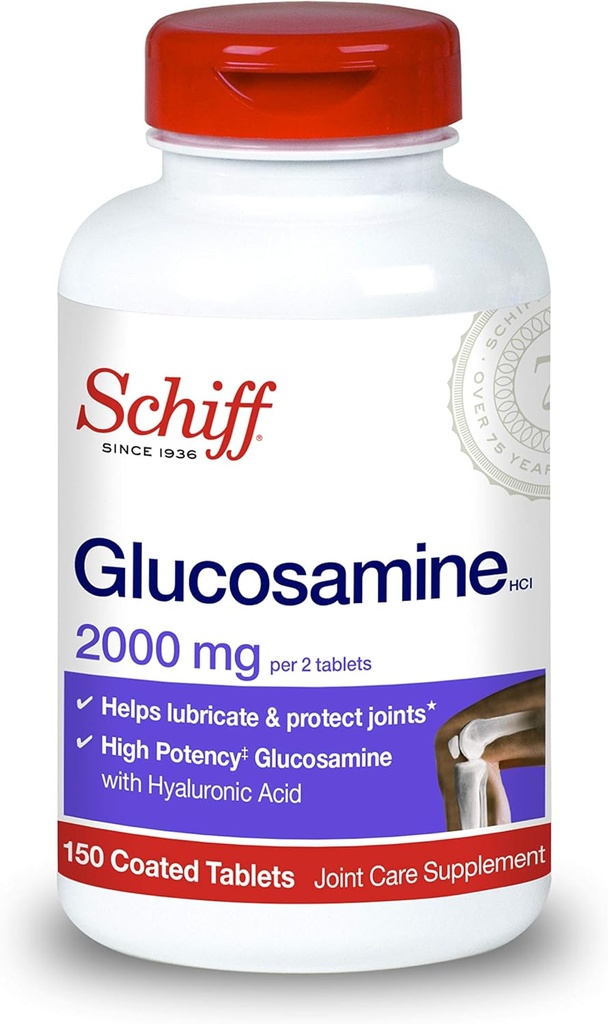 Schiff Glukozamin 2000 mg (na postrežbo) + tablete hialuronske kisline (150 v steklenici), dodatek za skupno nego, ki pomaga podpreti skupno mobilnost in prilagodljivost, podpira strukturo kartilaže