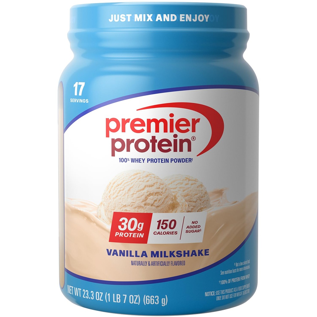 Premier Beljakovine v prahu, vanilija Milkshake, 30g beljakovine, 1g sladkor, 100% sirotkine beljakovine, Keto prijazno, Brez soje, Gluten, 23,3 oz (17 Serving)