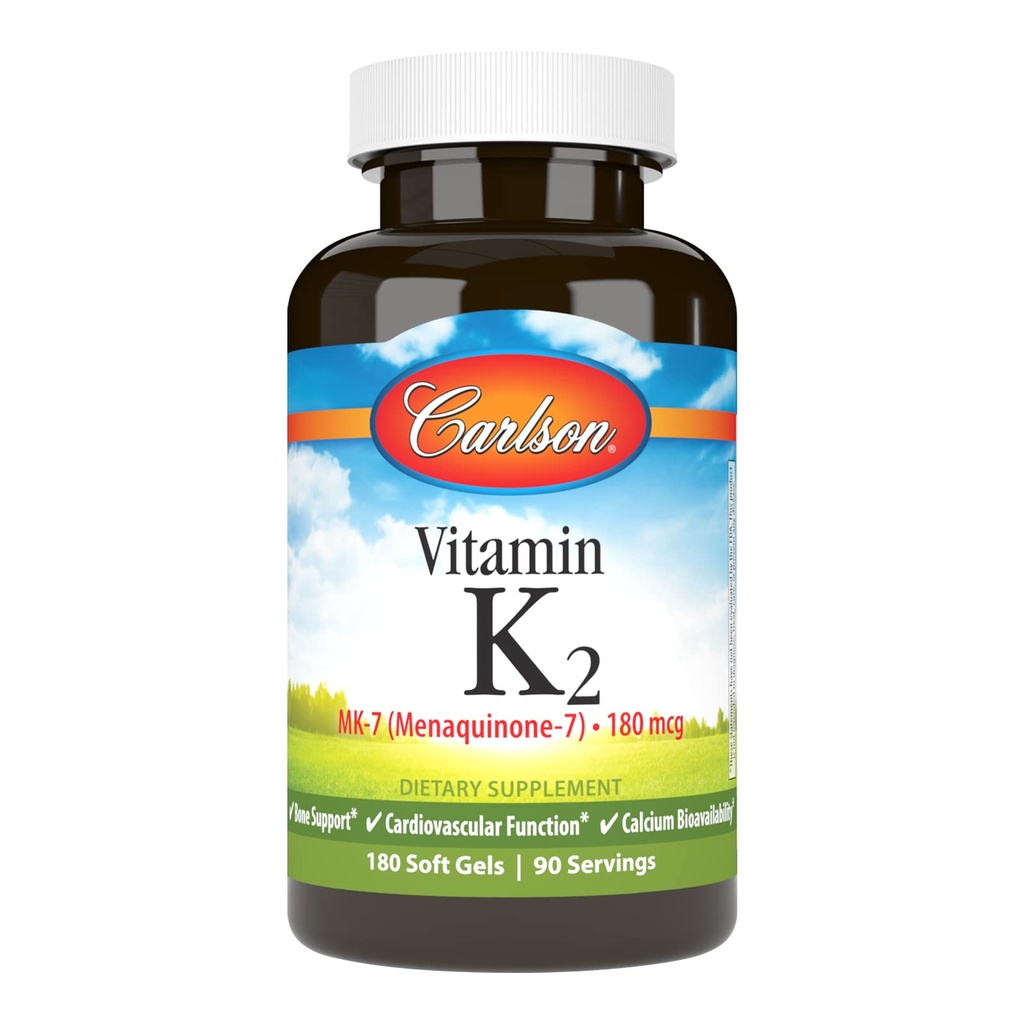 Carlson - vitamin K2 MK-7 (menakinon), 180 μg, podpora za kosti, biorazpoložljivost kalcija, K2 Vitamin, vitamin K-2, 180 Softgels