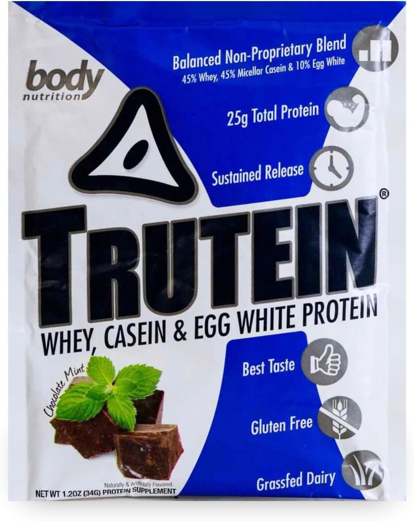 Body Nutrition Trutein Visoke beljakovine v prahu: 45% Whey, 45% Kazein, 10% Jajca bela, Gluten-free, nizko natrij, Grass Fed Whey Protein Powder, Gym Supplement & Breakfast Shake, Chocolate Mint, 34g Vzorec
