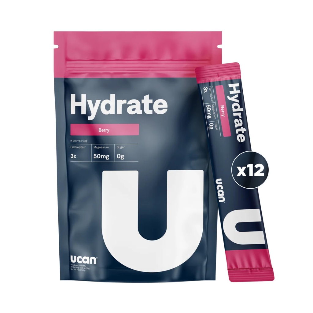 UCAN Hydrate Drink Mix (Berry, 12 Stickpacks) Sugar-free, Keto-prijateljski, Vegan, Ne-GMO, Gluten-free Elektrolitni prašek s kalijem in magnezijem za runnerje in športnike
