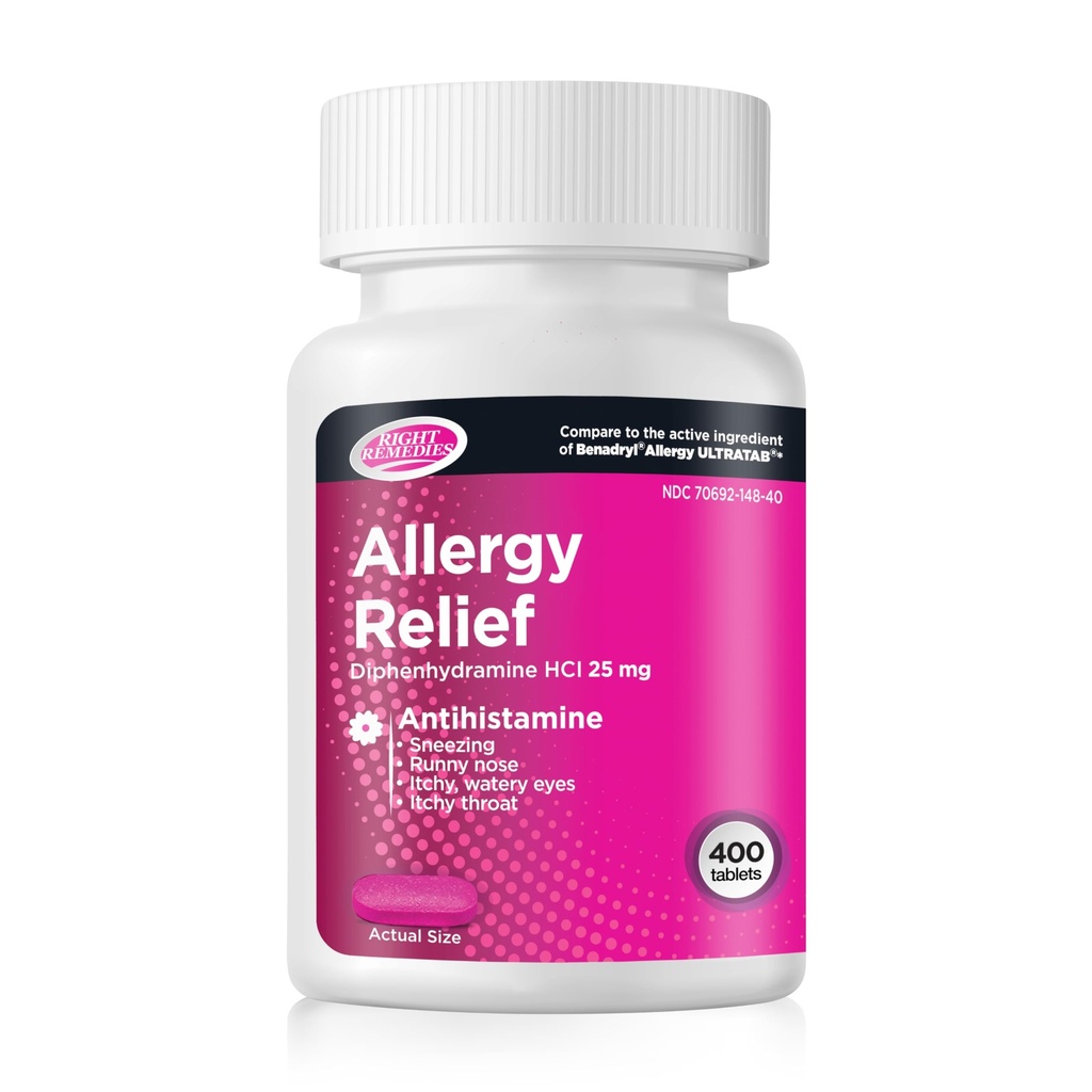 Alergija Relief Antihistaminik, Difenhidramin HCl 25mg, Generic Ultratabs, Olajša sezonske notranje ali zunanje zgornje dihalne alergije, 400 Število