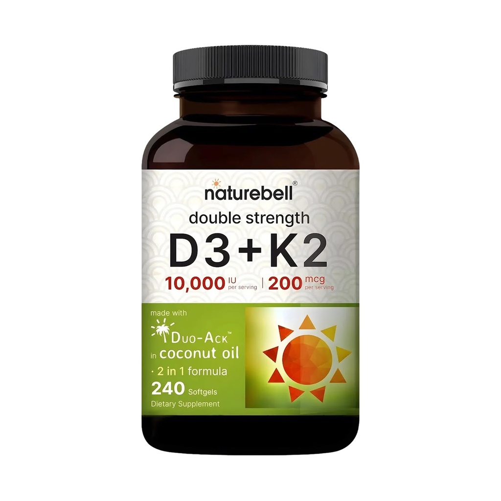 NatureBell Vitamin D3 + K2-240 Softgels - 10.000 i.e. Vitamin D & 200mcg K2 - Podpora za kosti, imunske funkcije in absorpcijo kalcija* - Kokosovo olje