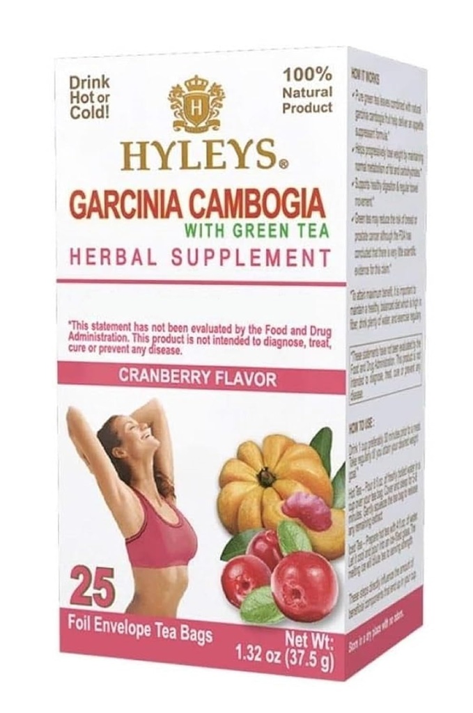 HYLEYS Tea Garcinia Cambogia Green Tea Cranberry Flavor - 25 čajnih vrečk (6 paketov - 150 čajnih vrečk skupaj)