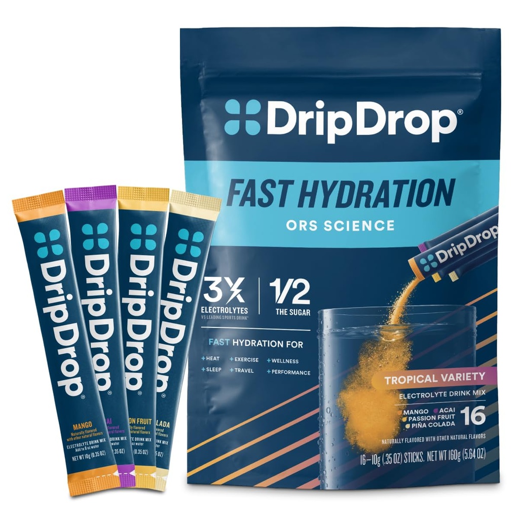 DripDrop Hydration Packets - Tropical Variety Pack - Eno serviranje Elektroliti v prahu Mix - Mango, Açaí, Passion Fruit, Piña Colada - Non-GMO, Gluten Free, Vegan - 16 palice