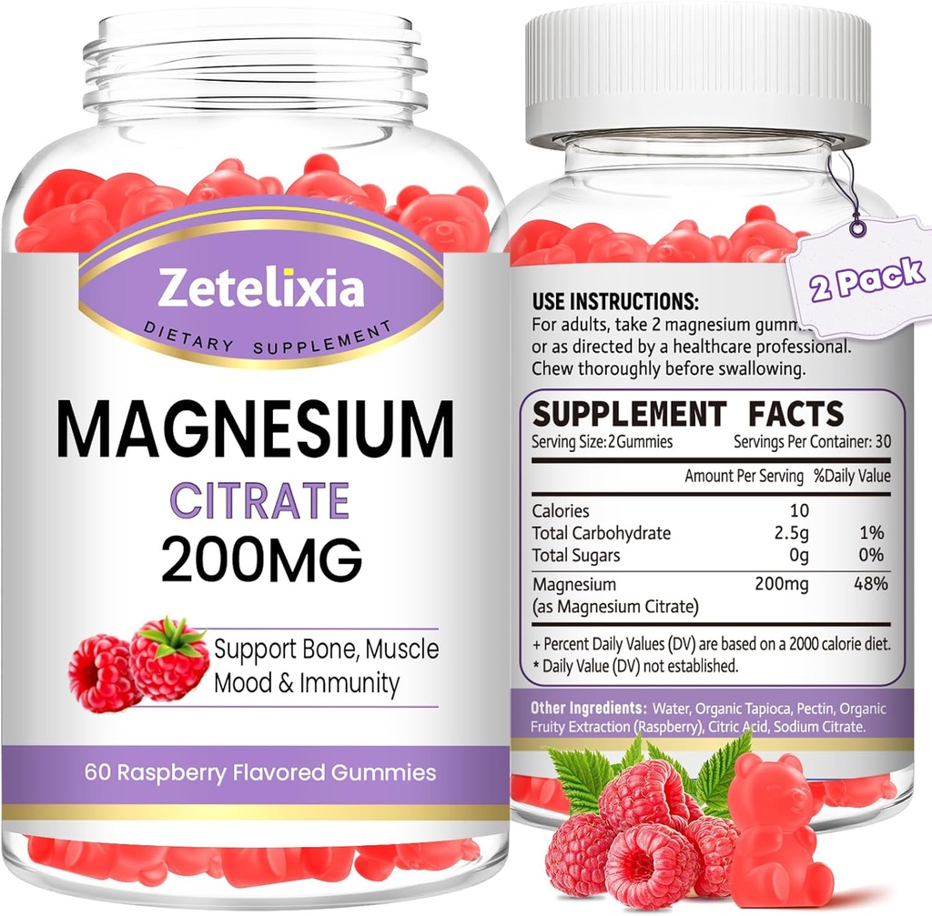 2 Pack Magnezijev Citrat Gumiji, visoka absorpcija Magnezijev Gumiji za odrasle, Mišice & Zob podporo, Vegan Natural Raspberry Okus 120 Cts