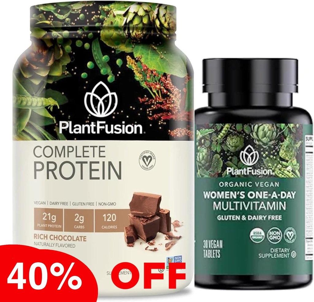 PlantFusion Protein Powder & Organic Ženski multivitaminski paket – 21g Rastlinsko-bazenski proteini z BCAA, Čiste sestavine, & Okusna aroma Plus 19 Esencialni vitamini za energijo, imuniteto in srce Hea