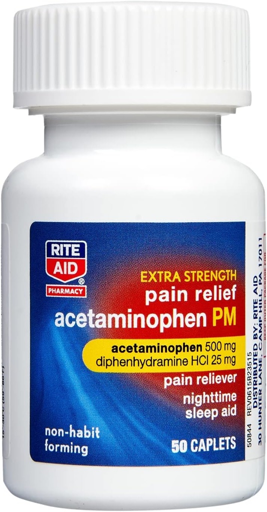 Rite Aid Extra Strength PM Pain Relief Caplets, 500mg Acetamofen / 25mg Difenhidramin - 50 Count 