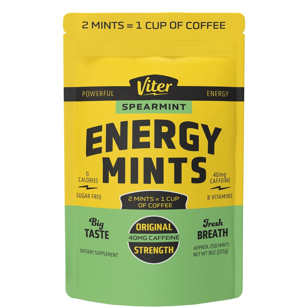 Viter Energija 40mg Kofein Mints - sladkor brez, B Vitamini, Vegan, Boosts hitro Energiran Alarm Focus, Kofeiniran nootropnih dodatkov tablete (Spearmint Flavor, 8oz, Bulk Bag)