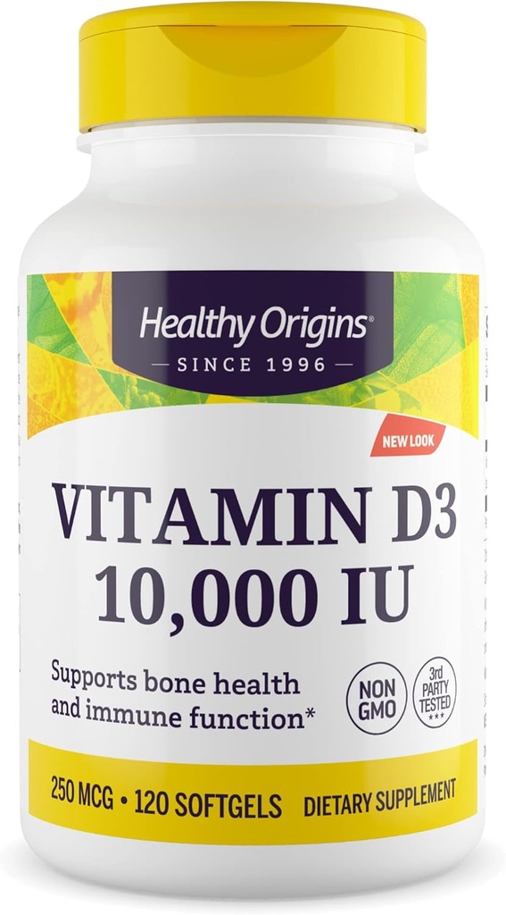 Zdravi izvori Vitamin D3 10.000 i.e. (ne-GMO, visoka jakost, podpora kostem, Imunska podpora, brez glutena), 120 softgels