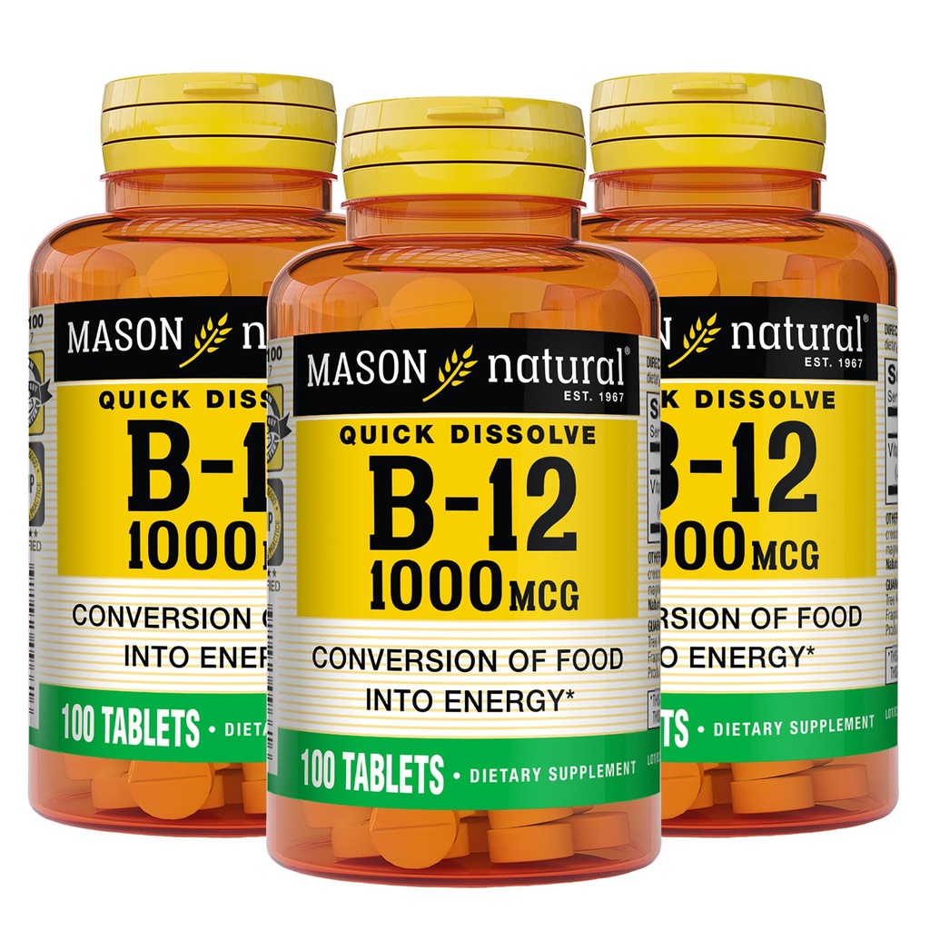 MASON NARAVNA B,12 1000 mcg hitra raztapljanje, 300 dnevna dobava za zdravo pretvorbo hrane v energijo (3 paket)