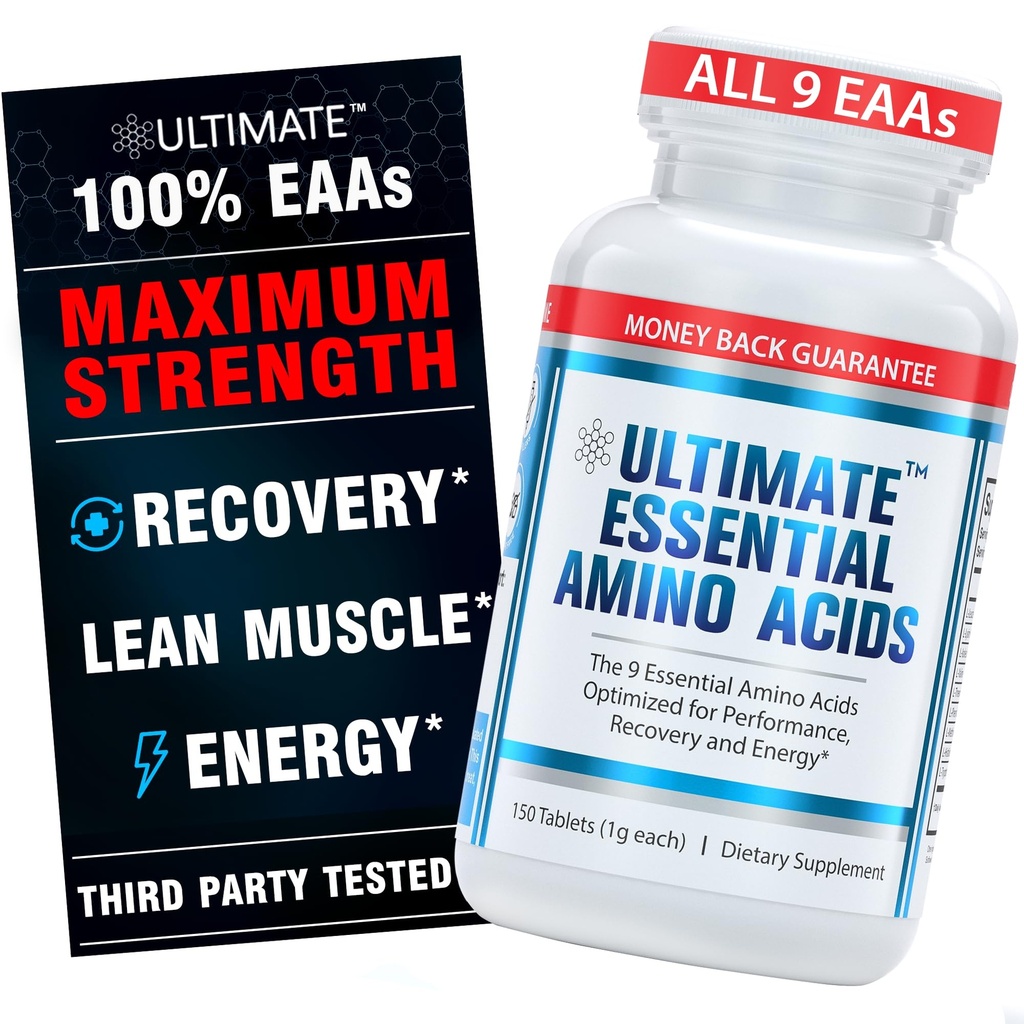 Ultimate Essential Aminokisline dodatek za rezanje, postenje in vadbo, Vse 9 EAA, 3000mg, 40% Leucin, 4:1:1 BCAA razmerje, Binder-free z organskim premazom, Vegan, Keto, Non-GMO, 150 tablet