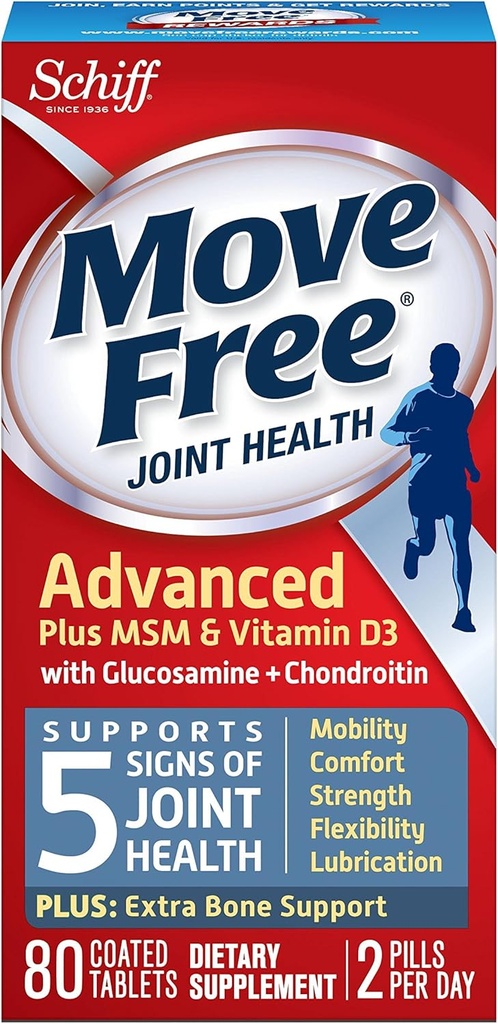 Move Free Napredno glukozamin Chondroitin MSM Vitamin D3 in Hyaluronic Acid Skupni dodatek, 80 Število