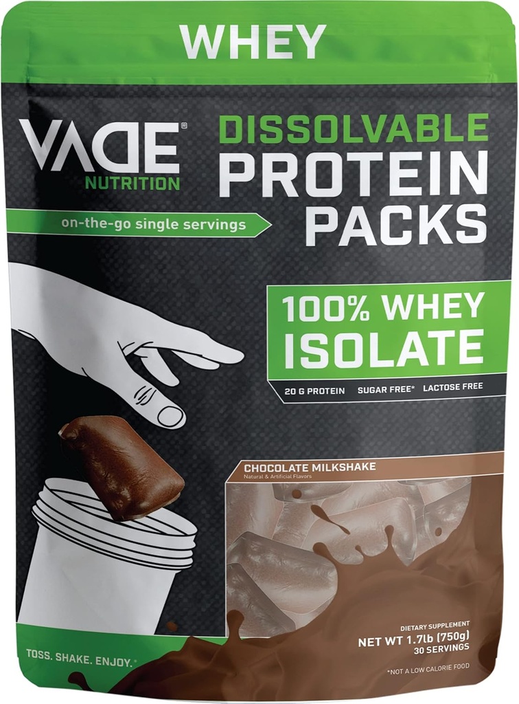 VADE Nutrition Dissolable Protein Packs - 100% Whey izolat Protein Powder Chocolate Milkshake - Low Carb, Low Calorie, Laktoza brez sladkorja, brez maščob, brez glutena - 30 paketov, da gredo