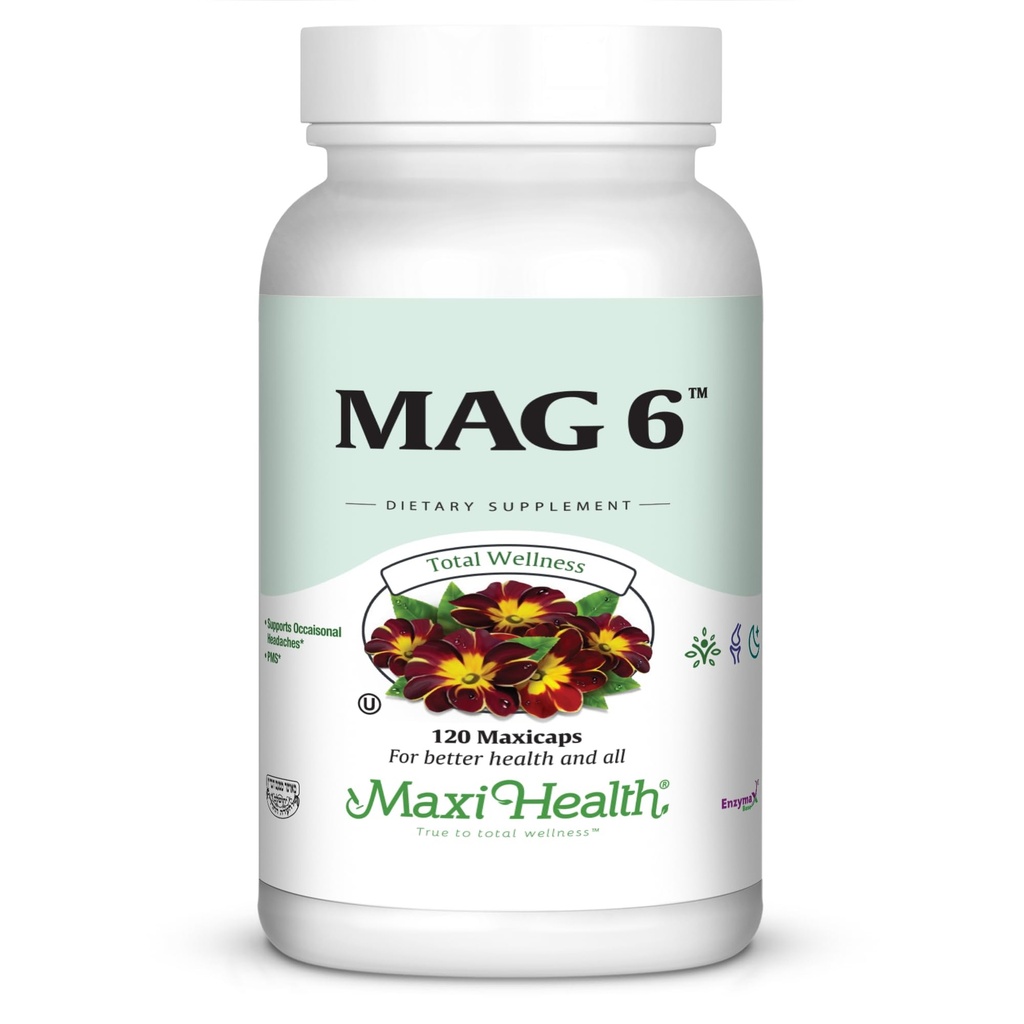 Maxi Health MAG 6 - Magnezij (kot Oksid, Glicinat) z vitaminom B6 - migrena, mišični krči, podpora za ledvični kamen - magnezijev dodatek za ženske in moške - 120 kapsul - Košir