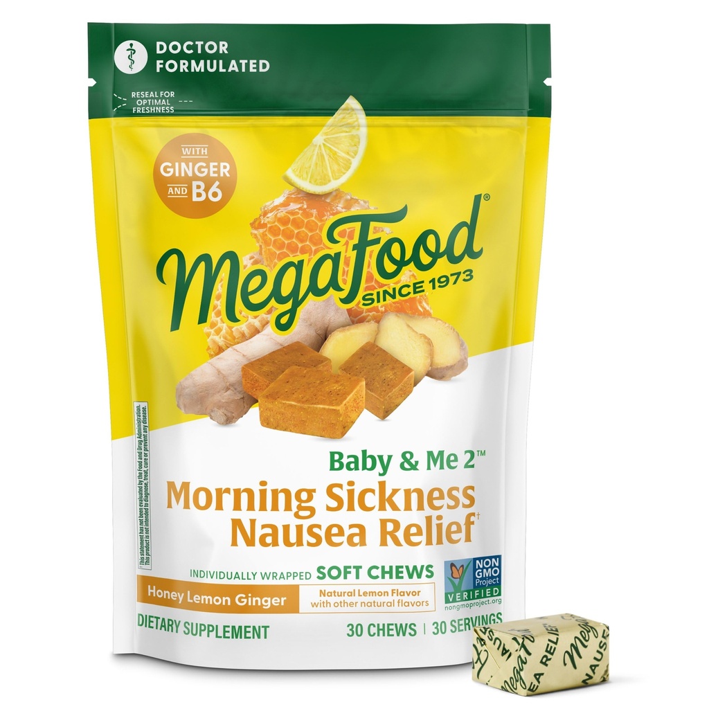 Megafood Baby & Me Prenatal Jutranja bolezen Relief, ingver Chews, z vitaminom B6, narejen brez 9 živilski alergeni, medeno limonino ingverjevo aromo, 30 Chews