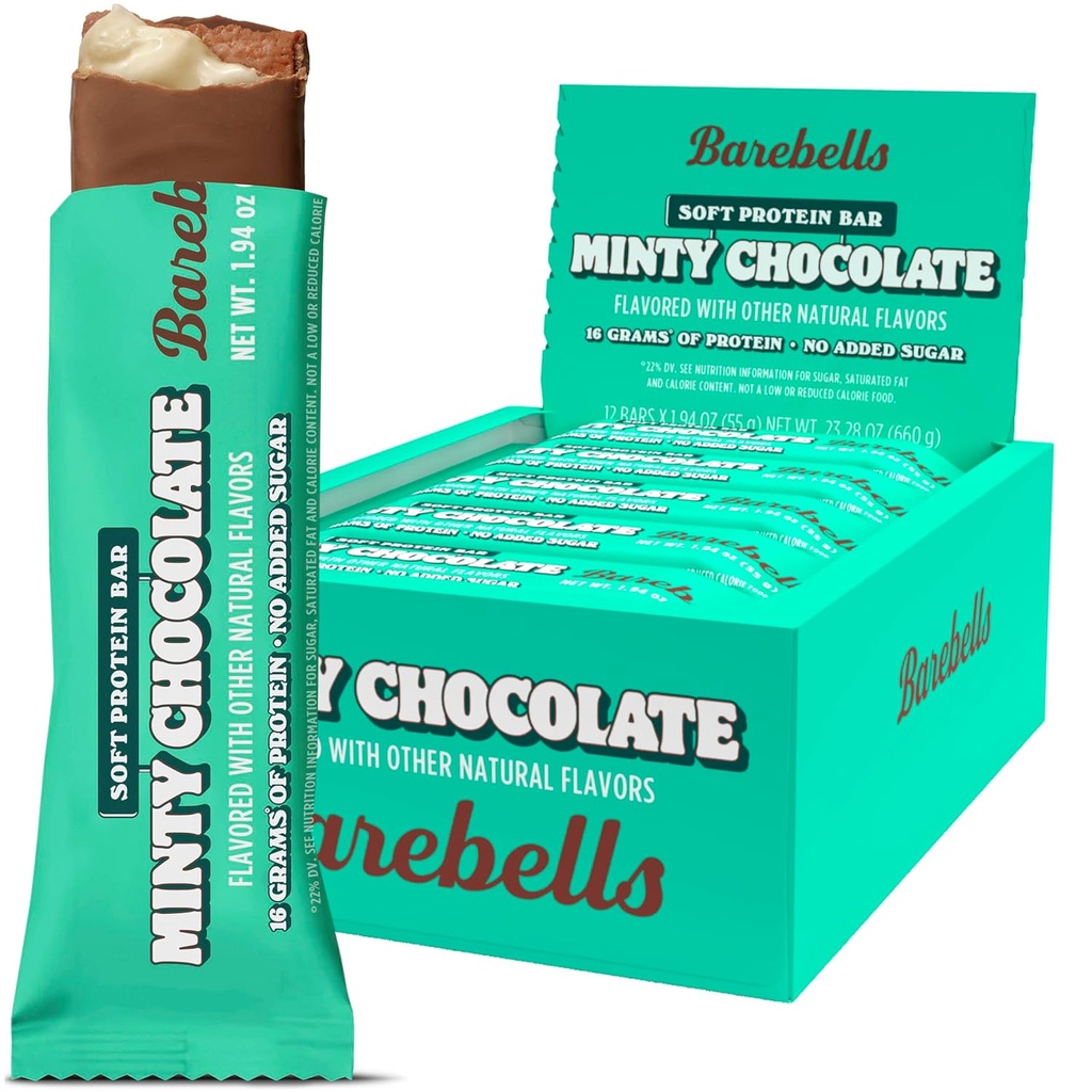 Barebells Soft Protein Bars, Minty Chocolate - 12 Count, 16g Visoke Protein Treats - Chocolate Nutrition Bar z 1g celotnimi sladkorji - na Go zajtrk ali post-workout prigrizek
