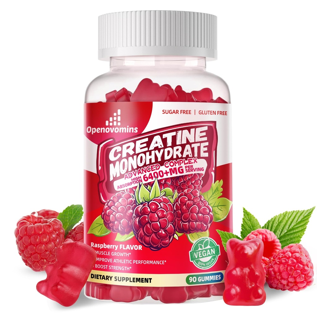Kreatin Monohidrat Gumies Complex 6400mg za moške in ženske -Napredna Formula W/L-Taurin + Vitamin B12, Sladkor brez žvečljivi dodatek,90 Malina Gumies
