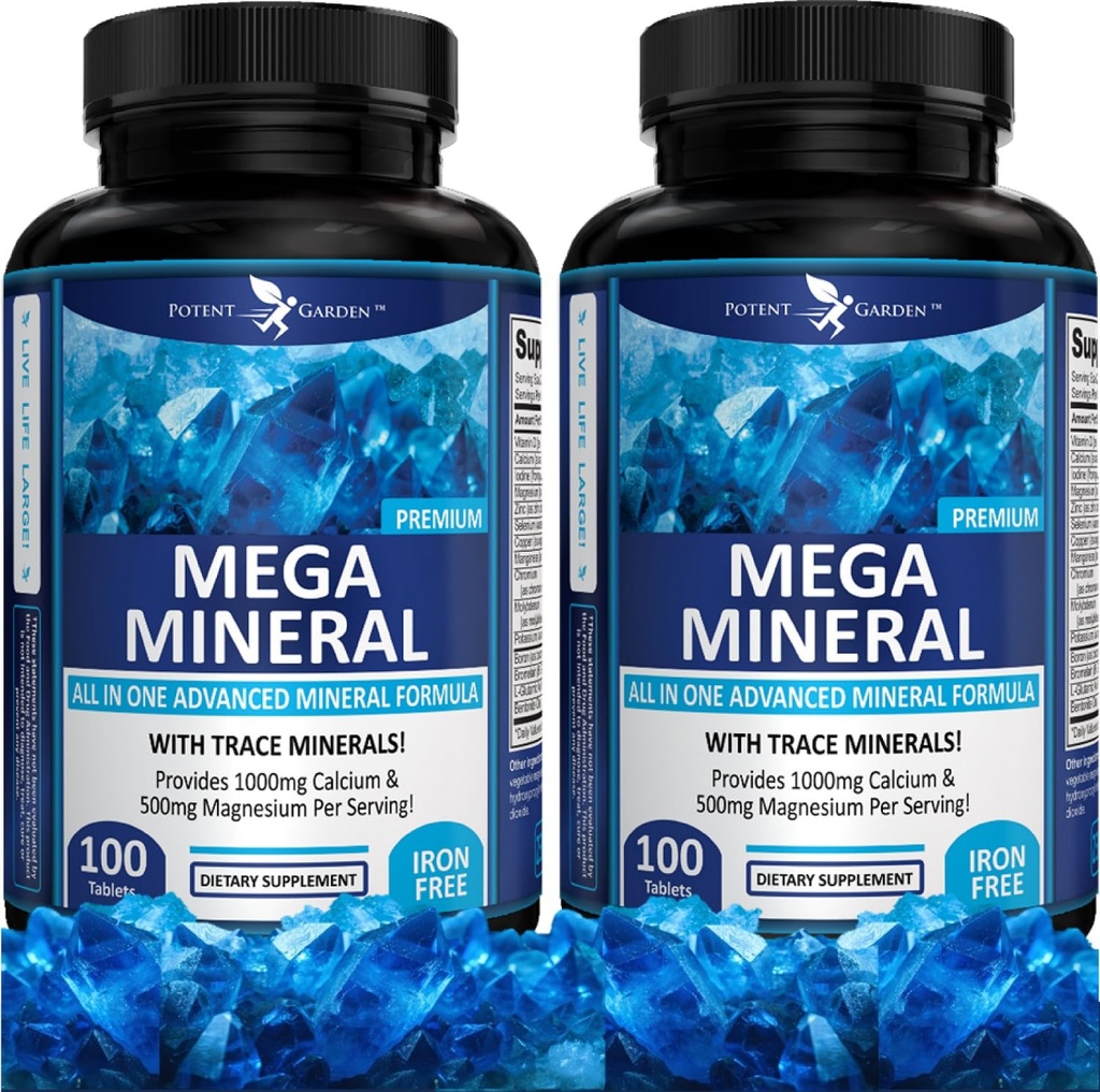 Potentni vrt 2-Pack Mega Mineral Supplement Complete Mineral Complex s kalcijevim magnezijevim cinkom Kalijev boron Selen Chromium & 72 Trace Minerals Iron Free Calcium Supplement -200 Tablete