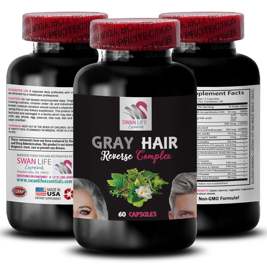 Gray Hair Supplement - GRAY HAIR REVERSE - poživljanje las, intenzivno barvo las, naravni sijaj, dinamična barva, obnovljen videz las, sij las, sveža vibranca, barvni resenergizer 1Bot 60Caps