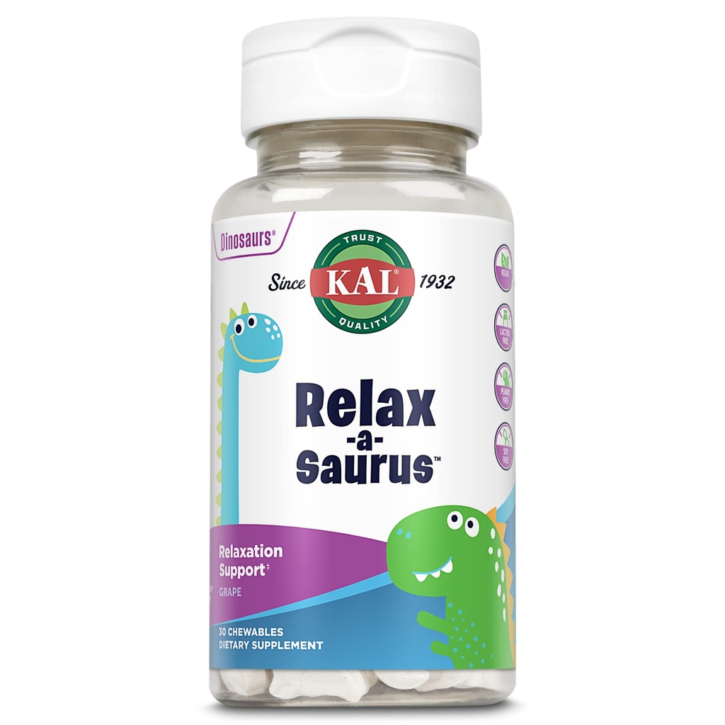 KAL Relax-a-Saurus, Stress podpora dodatek za otroke, L-Theanine za otroke z zeliščnim stresom Relief & Relaxation & Mešanica, Okusno naravno grozdne arome, 60-dnevno garancijo, 30 Žvečilni izdelki
