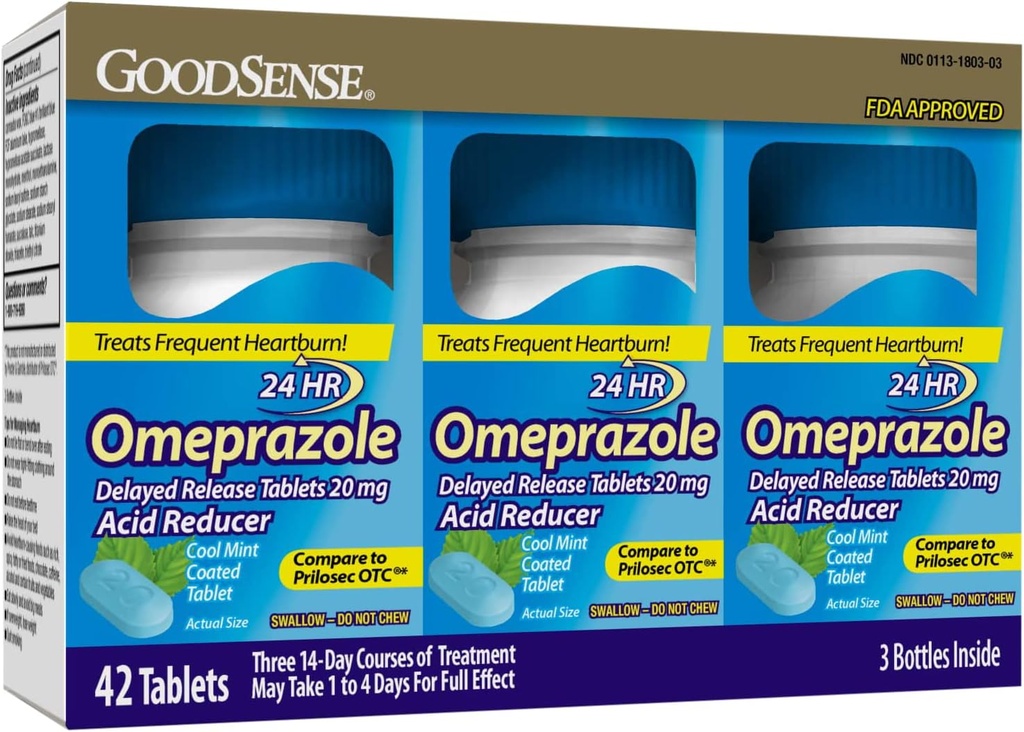 GoodSense Omeprazol Zapoznelo sproščanje Obložene tablete 20 mg, Cool Mint, Zdravljenja Pogosta zgaga, Acid Reducer, Zgaga Medicine, 42 Število