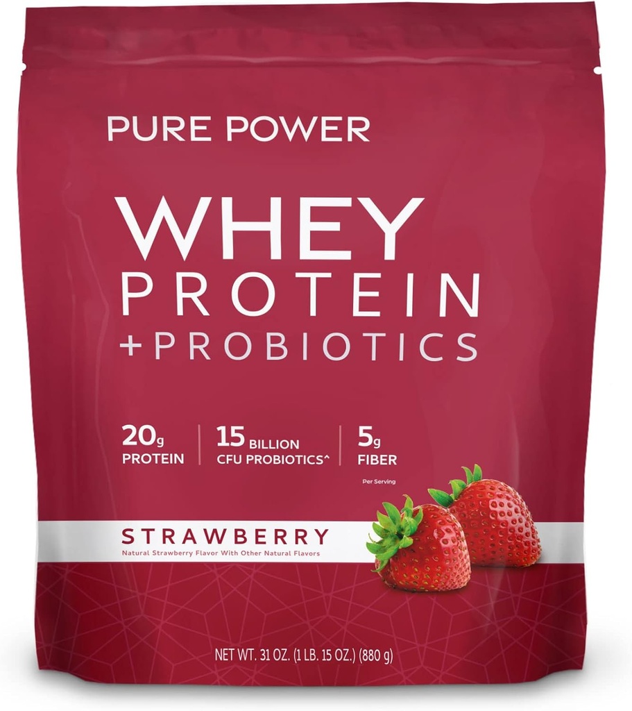 Dr. Mercola Pure Power Whey Protein + Probiotics - Podpira regeneracijo mišic in prebavno zdravje - Pasture-Rated Whey - MCTs & Fiber - Vanilla - 31 oz (22 Servings) - Jagoda