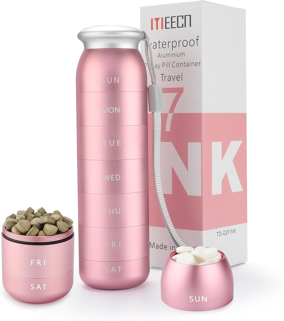 Tedenske tablete Organizator, Prenosna potovanja 7 dan, Vodoodporna posoda, Velika, Aluminij, Metal, Hold Vitamini, Trska Jetrna olja, Dodatki in zdravila (Pink)