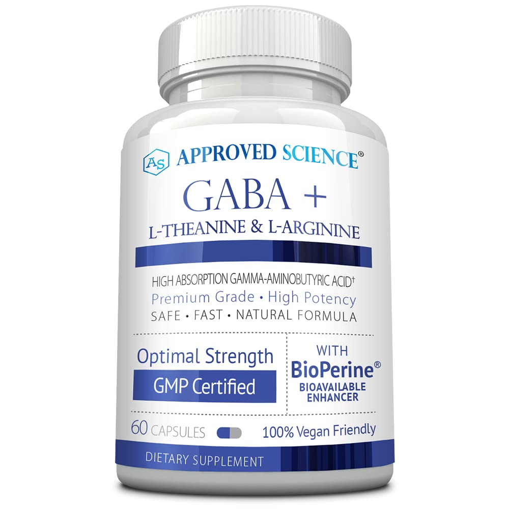 Odobrena znanost GABA+ - Spodbujanje mirnega, izboljšanega spanja, Boost Mood - GABA, L-Theanin, L-Arginin, vitamin B6, BioPerin - visoka absorpcija - 60 kapsul - Vegan