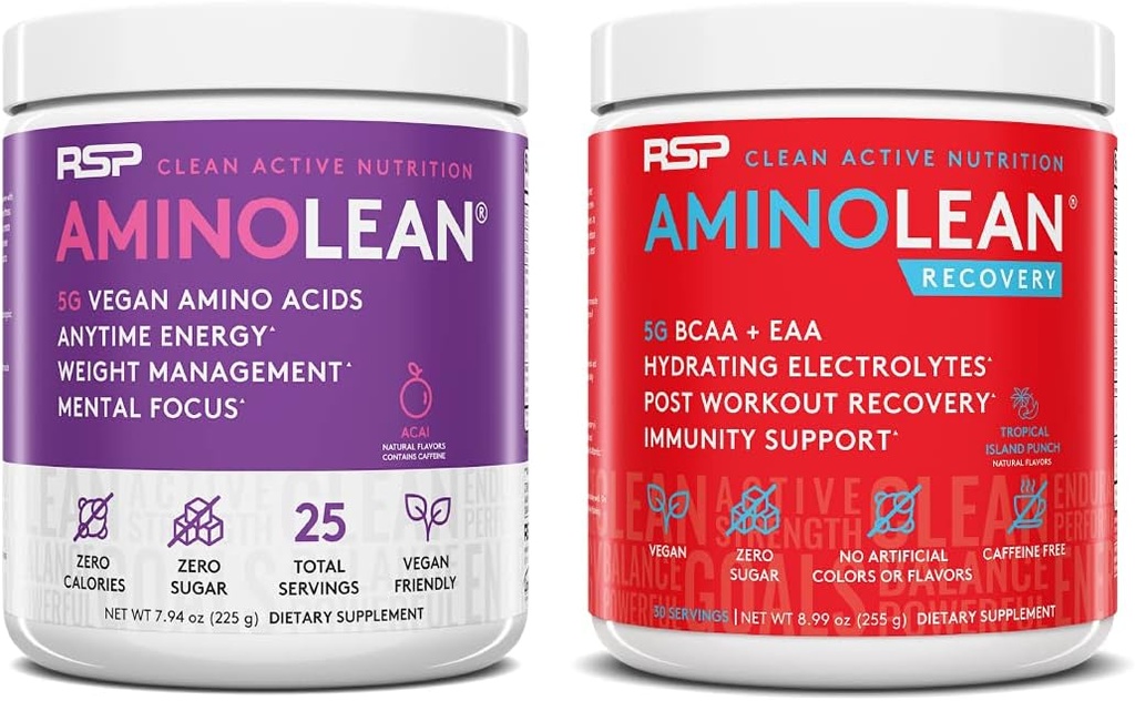 RSP NUTRITION Vegan AminoLean Pre Workout Energy (Acai 25 Servings) z AminoLean Recovery Post Workout Boost (Tropical Island Punch 30 Servings)