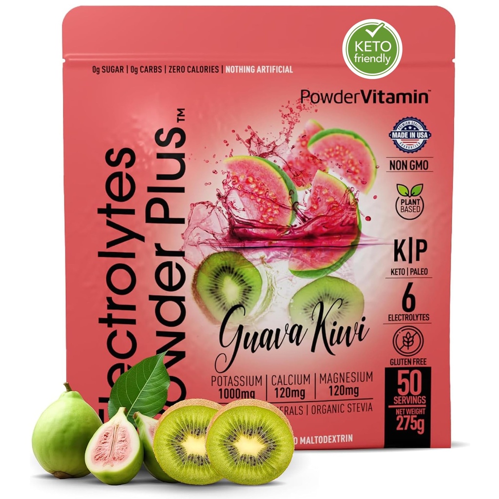 PrašekVitamin Elektroliti v prahu Plus (50 servijev) Guava Kiwi Elektrolit v prahu Zero Calorie Keto, 0 sladkor, brez maltodekstrin, 1000mg kalij, 120mg kalcij, 120mg magnezij, hidracija Powde
