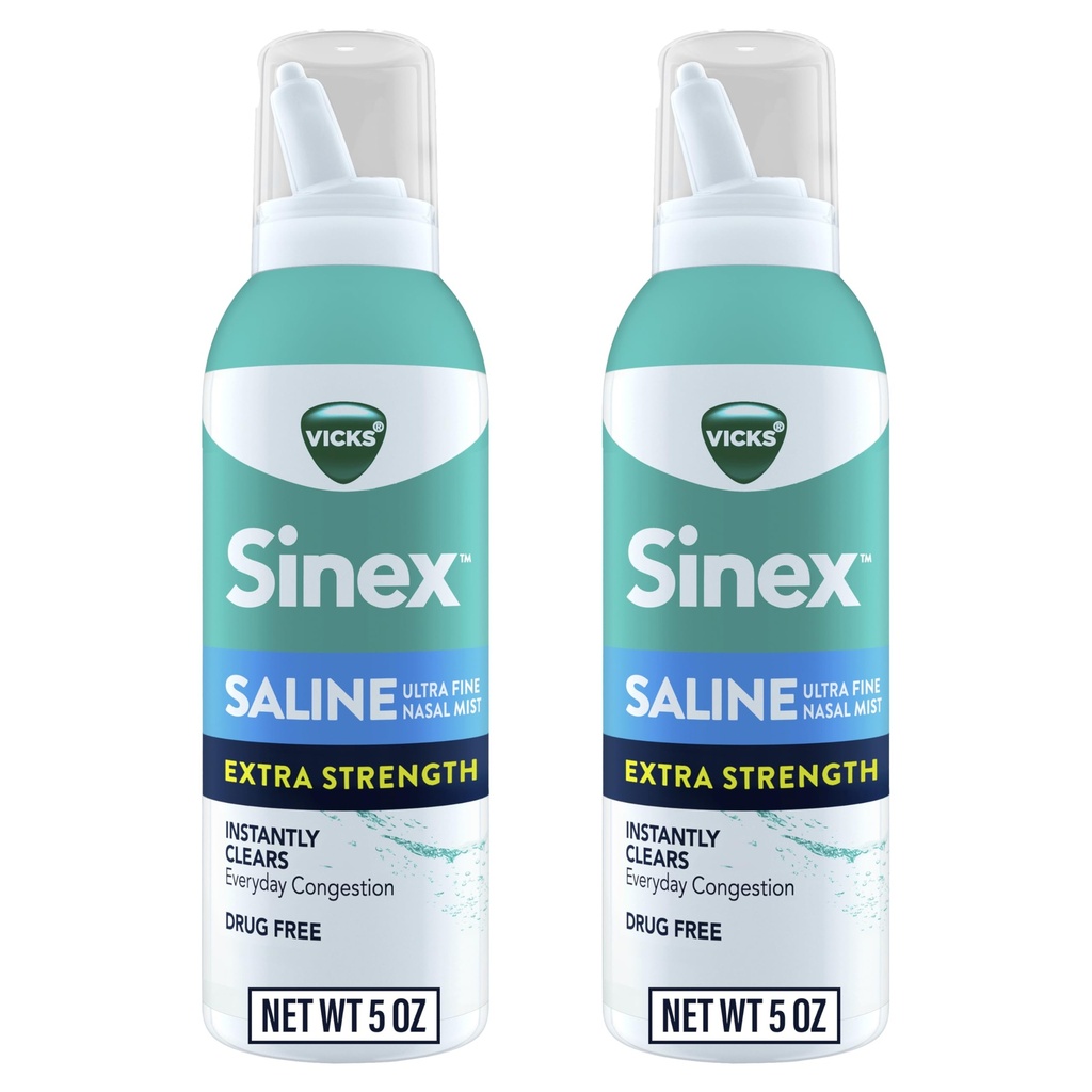 VICKS Sinex Saline Extra Strength Nazal Spray, 3X Koncentriran* Brez zdravil Ultra Fine Mist, Takoj počisti sluz, Ultra koncentrirana za jasno prebavne motnje hitro, varno za vsakodnevno uporabo, 5 OZ x 2