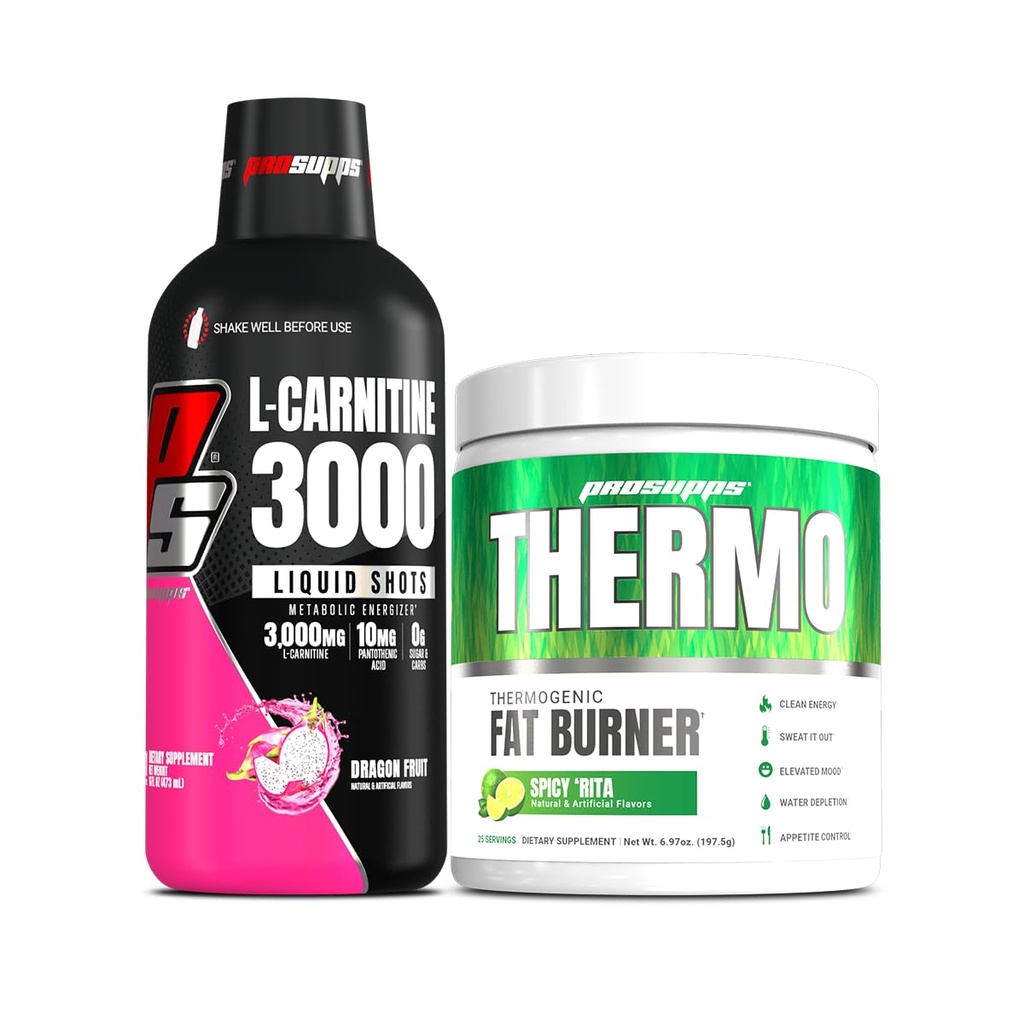PROSUPPS L-karnitin 3000 brez stimulantnih tekočinskih strelov (31 strežnikov, zmajevega sadja) in termomaščobnega termogenega praška (25 serviranja, začinjene jedi)