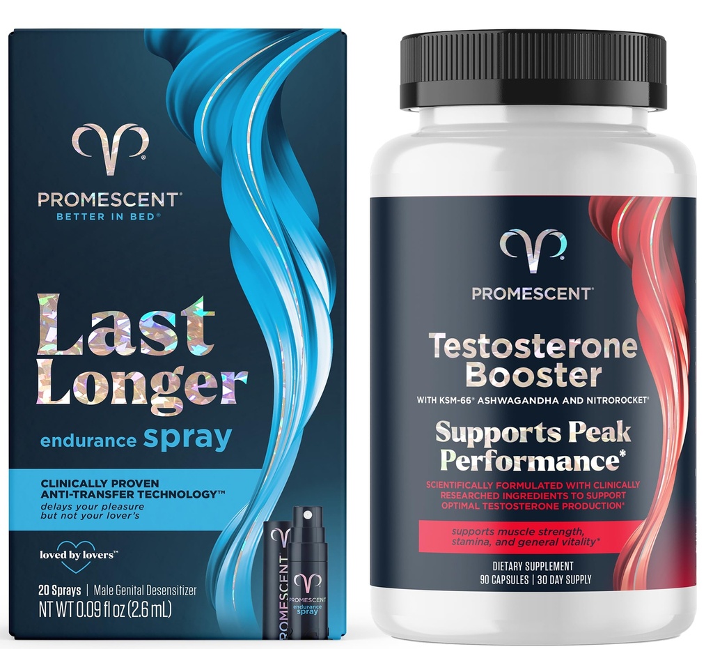 Promescentni zamik Spray za njega (2.6ml) + Testosteron Booster za moške dodatek s Tongkat Ali (LongJack), KSM-66 Ashwagandha, Horny Kozel plevel