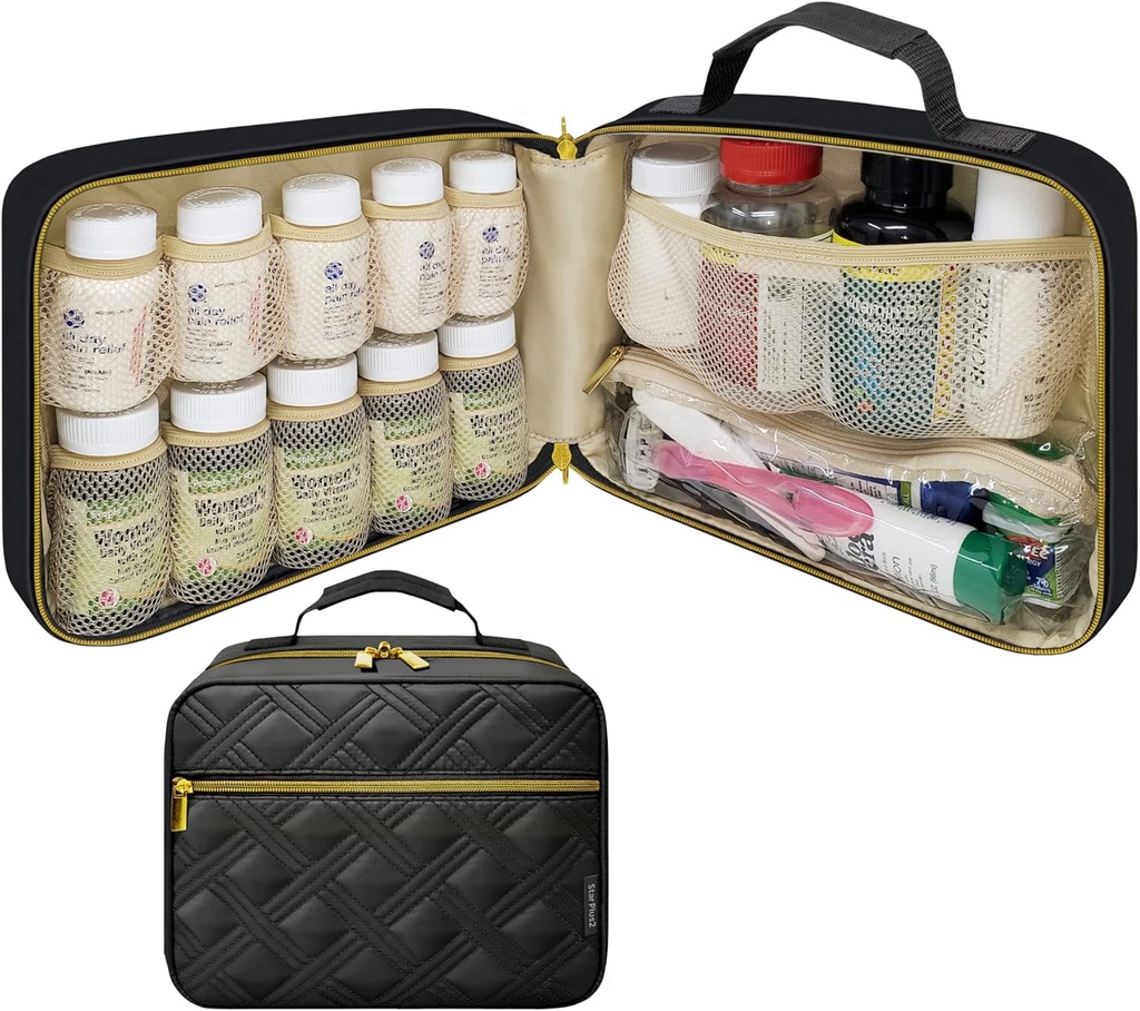 Velika ovoj tablete Bottle Organizer, Medicine Bag, Case, Nosilec za zdravila, Vitamini, in medicinske potrebščine - Travel Medicine Organizer in Domov Shranjevanje Med Bag - Črna (Brez ključavnice)