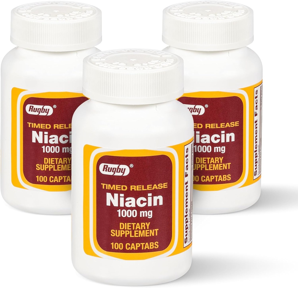 Rugby Timed-Release Niacin 1000mg prehranska dopolnila za odrasle za energijo, cirkulacijo in metabolizem podporo, 100 Captabs (paket 3)