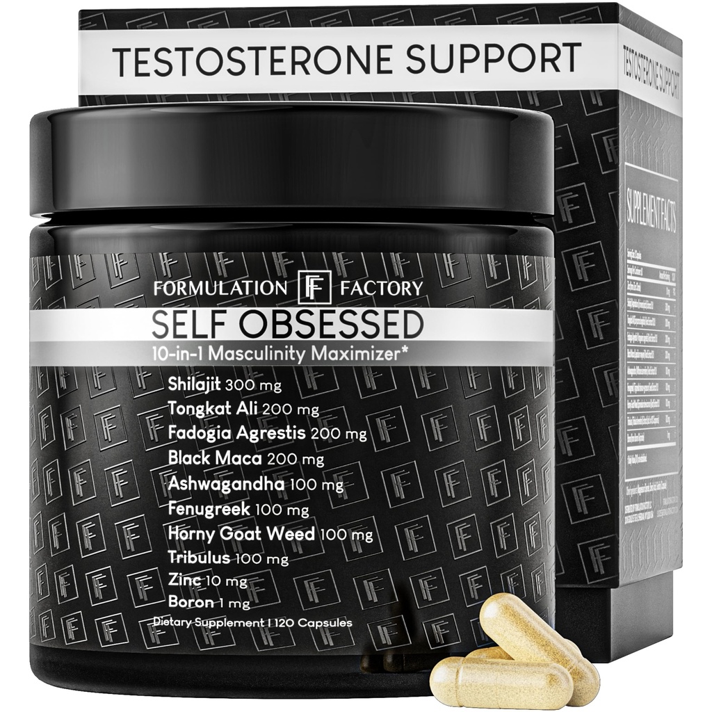 Formulacija Factory Self Obseden 10 v 1 Maskulinity Maksimizer dodatek, Shilajit za moške, Tongkat Ali, Ashwaganda, Fenugreek mišična rast, energija, pogon, moč, okrevanje 2 Mesec (Pack of 1)