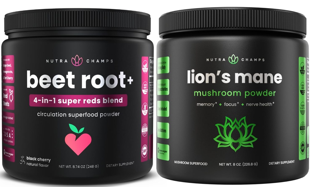 NutraChamps Beet Root Powder & Lion's Mane Powder. Močni kroženje in adaptogene mešanice