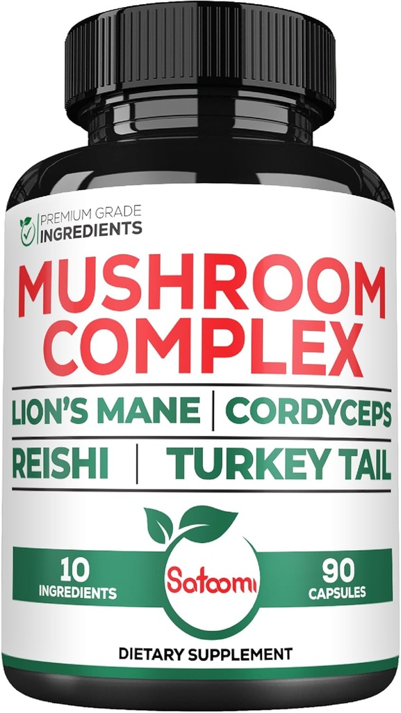 Satoomi 10in1 Lions Mane dopolnilni kompleks - Pomešan z Cordyceps Sinensis, Reishi goba, Turčija Rep goba in drugo - 90 Število za 3 mesece