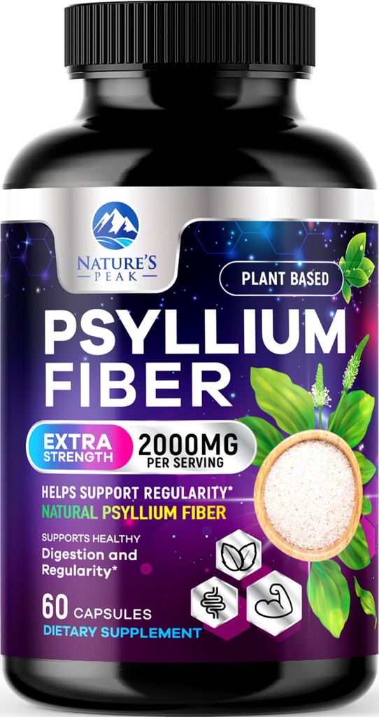 Psyllium Husk Fiber Dodatek 1500mg - Veganski prebiotik, Topen Fiber za dnevno prebavno zdravje in regularnost podporo, Naravni Psyllium Powder Caps, Sugar-free, Ne-GMO & Gluten-free - 60 kapsul