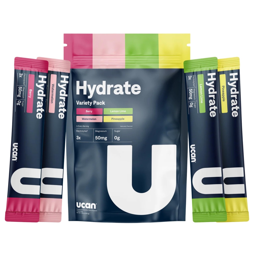 UCAN Hydrate Drink Mix (Variety Pack, 12 Stickpacks) Sugar-free, Keto-prijateljski, Vegan, Non-GMO, Gluten-free Elektrolitni prašek s kalijem in magnezijem za runerje in športnike