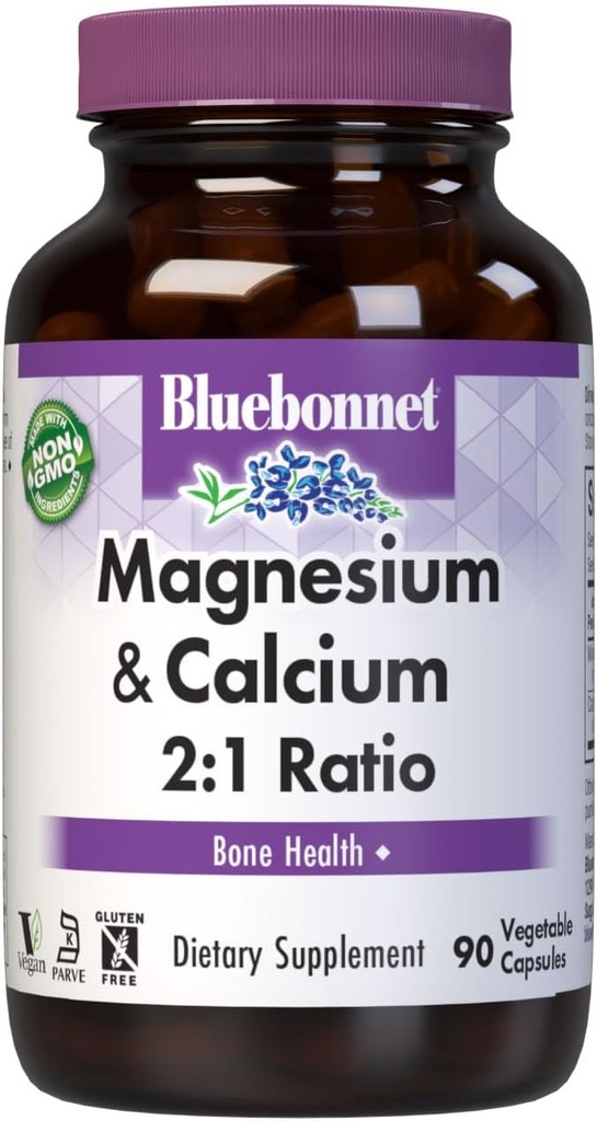 Bluebonnet Nutrition Magnezij in kalcij 2:1 Razmerje, zdravje kosti*, Non-GMO, Vegan, Kosher Certified, Gluten-free, Soy-free, Dairy-free, 90 Zelenjavne kapsule, 30 Servinges