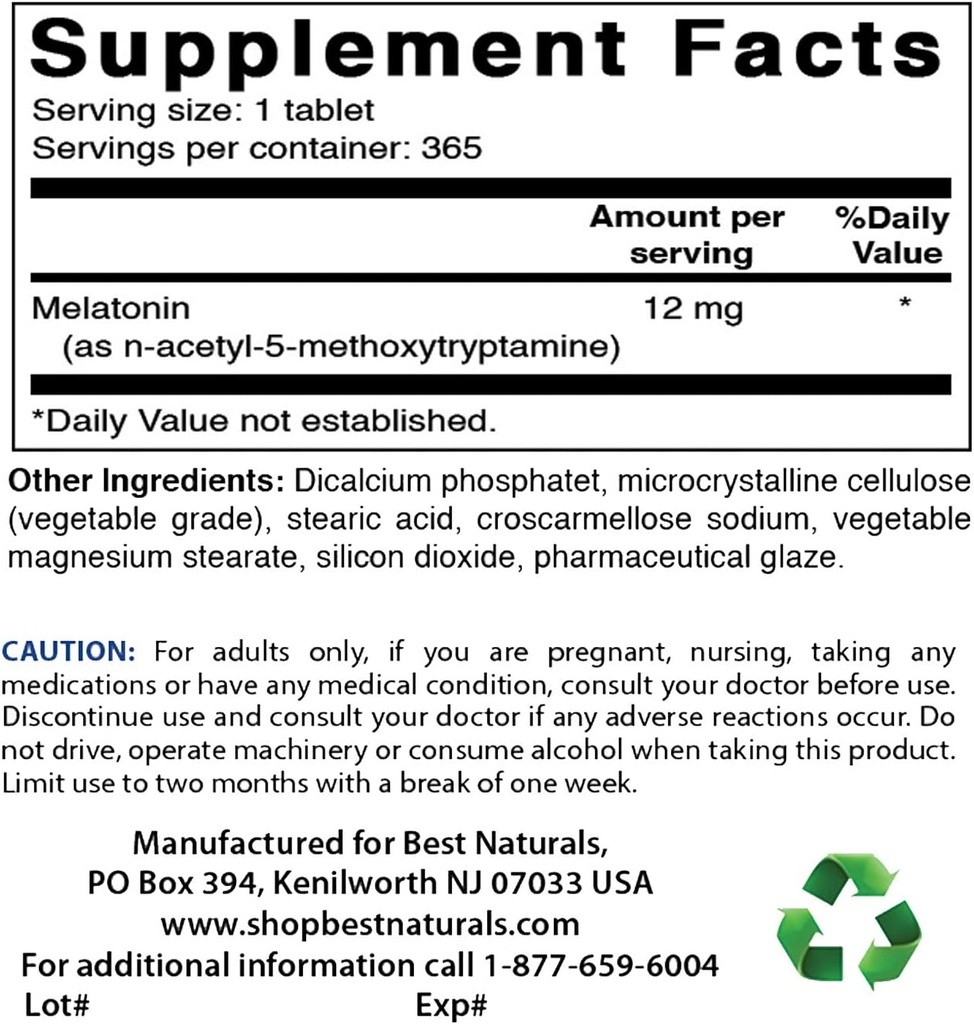 Best Naturals Melatonin 12 mg & Biotin 10.000 Mcg