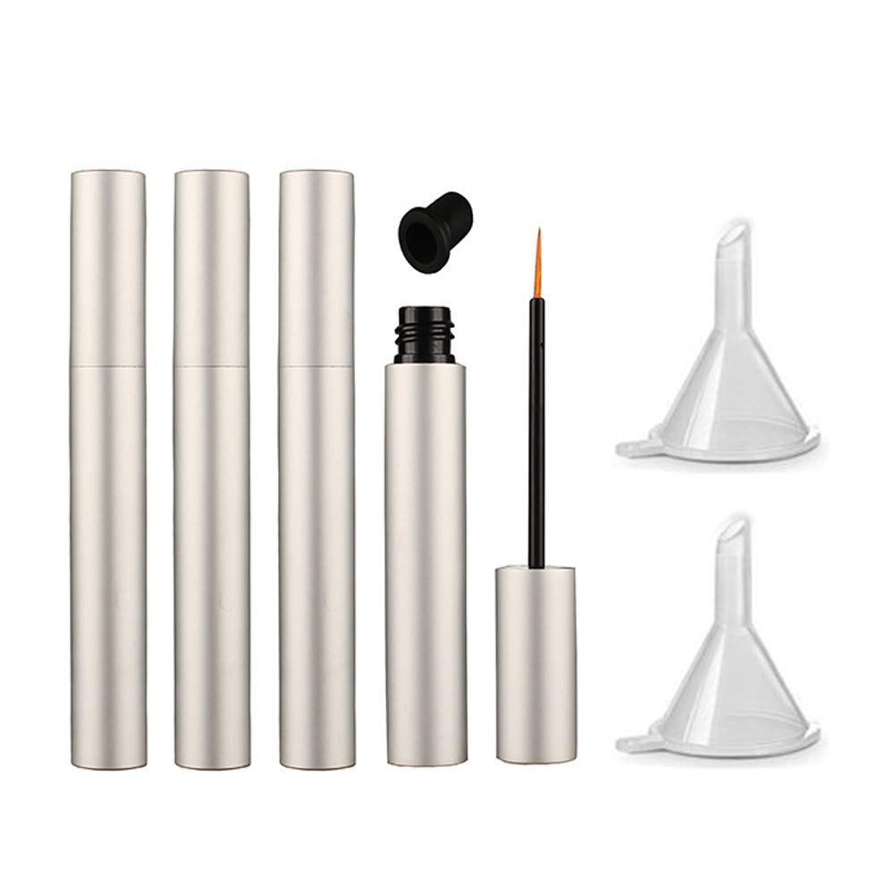 lasenersm 4 kosi 5ml Aluminij Prazne Eyeliner cevi Ponovno polnjenje trepalnice tekoča steklenica Plastic Eyeliner Viale Tube z Brush trepalnice rastno olje maskara cevi z 2 Mini Funnels, Matte-Silver