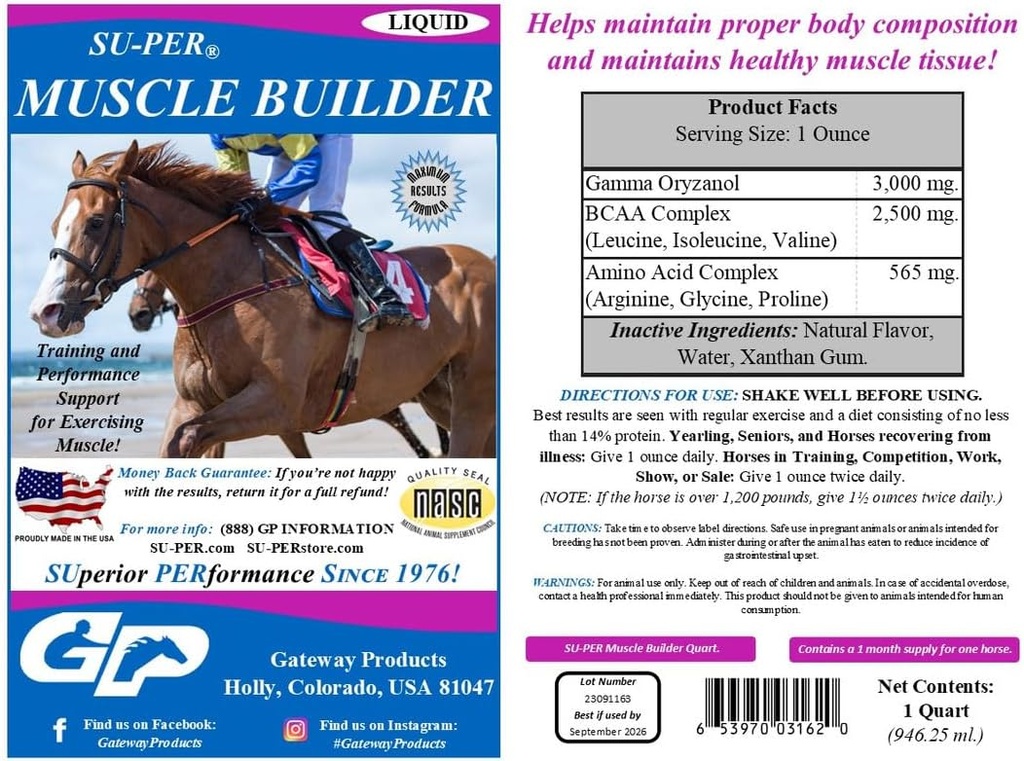 SU-PER Muscle Builder Horse Supplement - Usposabljanje in podpora za trening mišic - 1 Galon + črpalka