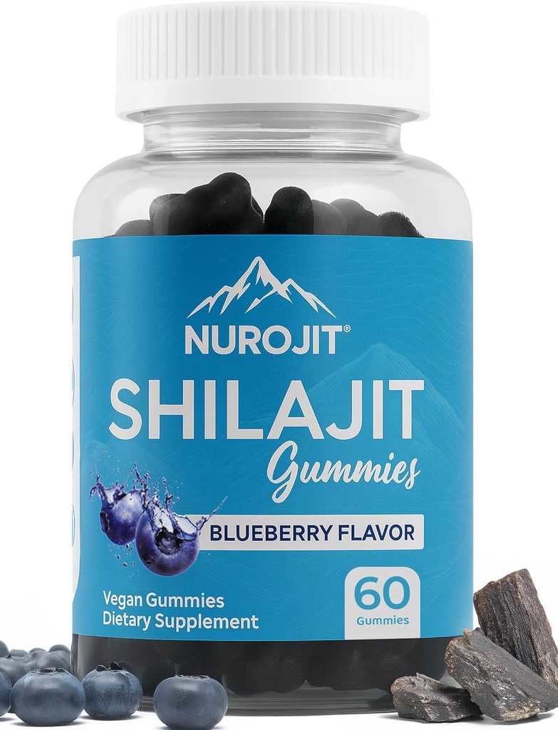 Shilajit Gumies, Borovničeva aroma, Himalajski ekstrakt, Lab Tested, Non-GMO, Gluten Free, Vegan prijazno, Mess-free Alternative to Resin, Enostavno dodajanje v Daily Rutine, 60 Vegan Gumies
