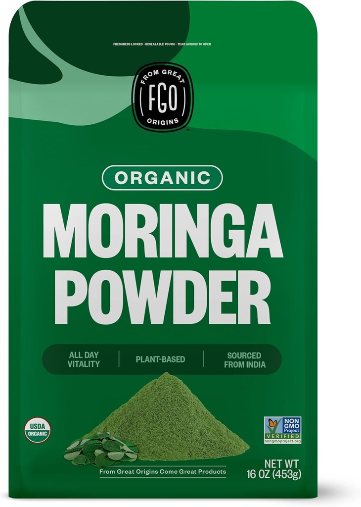 FGO Organic Moringa Oleifera Leaf Powder, 16oz Bulk Reseable Pouch, Izvira iz Indije, Non-GMO, Pakiranje maj Vary (Pack z 1)