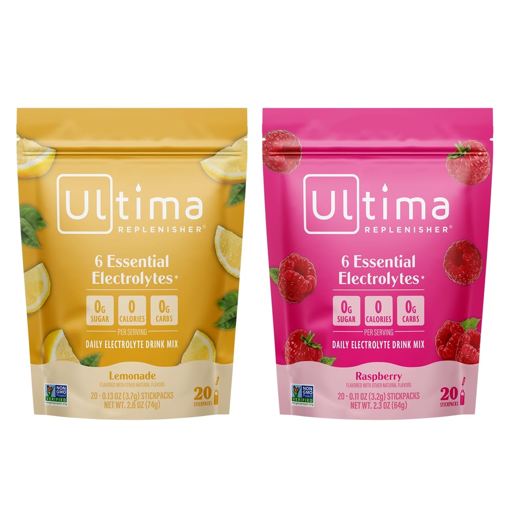 Ultima Replenisher Electrolyte Powder Drink Mix Bundle – Sugar Free – Limonada in malina, 20 Stickpacks – 6 Elektroliti in minerali – Keto prijazno, Vegan, Non-GMO