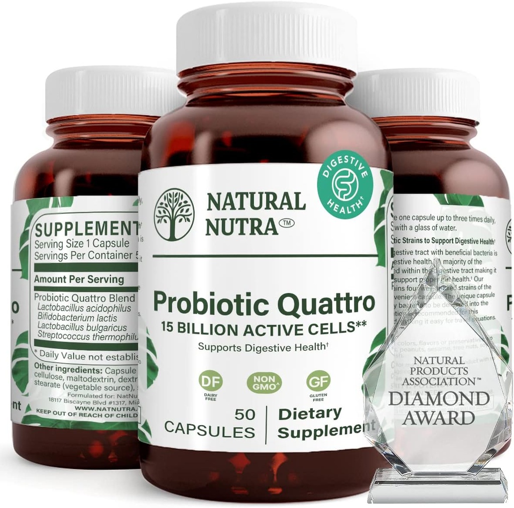 Natural Nutra Probiotic Quattro – Napredno Probiotic dodatek s 4 Močni sevi Vključno z Lactobacillus Acidophilus, Bifidus – Podpira Prebavno in imuno zdravje – 50 Vegetarijanske kapsule
