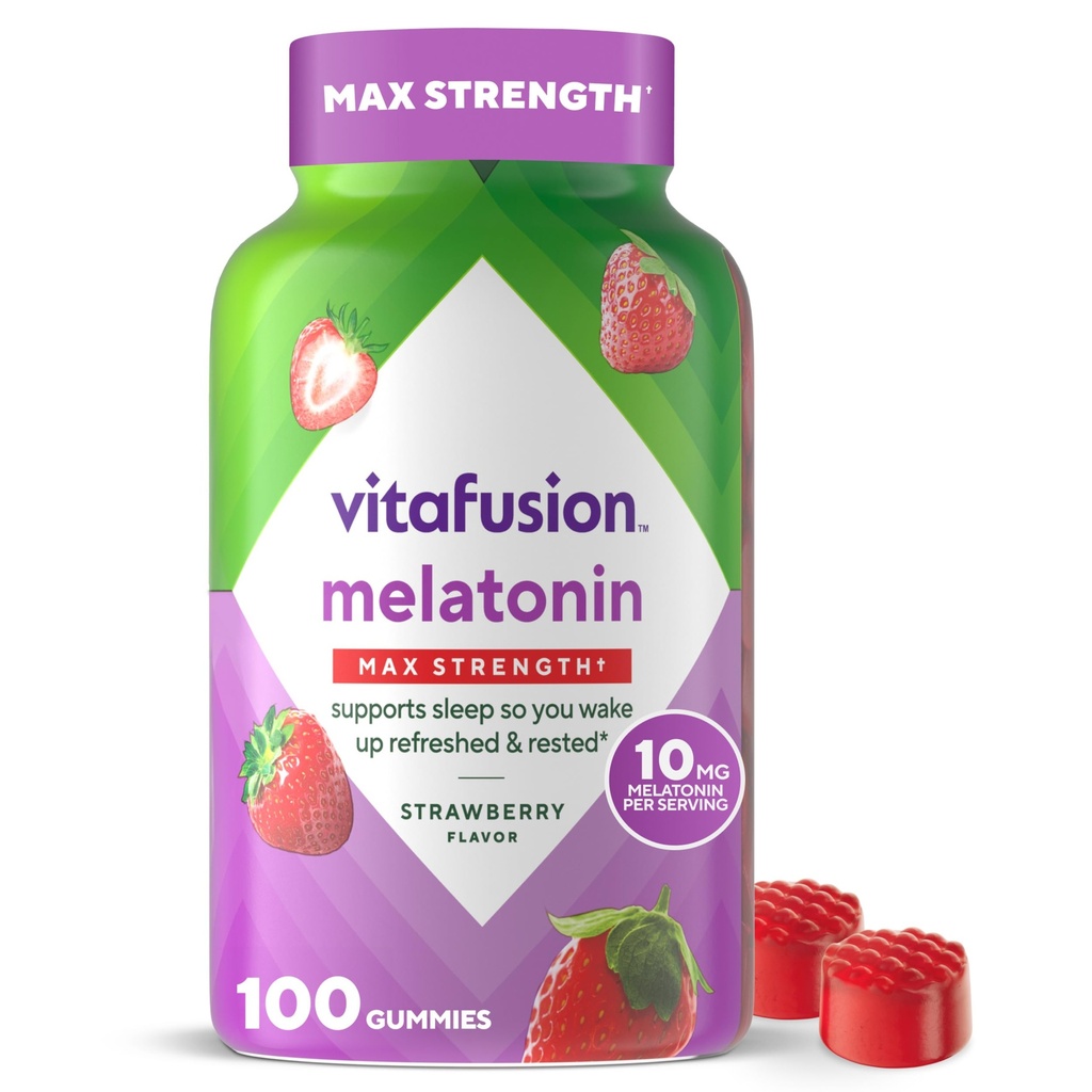 vitafusion Max Jakost 10 mg Melatonin Gummies, jagode arome, odrasli Melatonin Gummy Vitamin dodatek, 100 Število, 50 Dnevna dobava